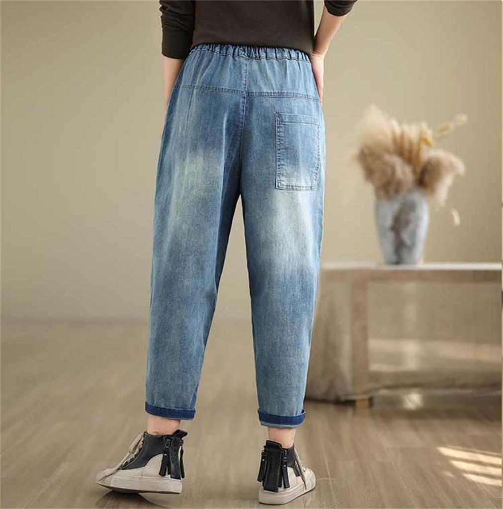 ZHENGTU Denim Gaucho Sarouel Loose Elastic Floral High Cute Women's Pants, Jeans, Fit, Waist, Embroidery, Waist, Flattering, Casual, (Blue, XL, XL)