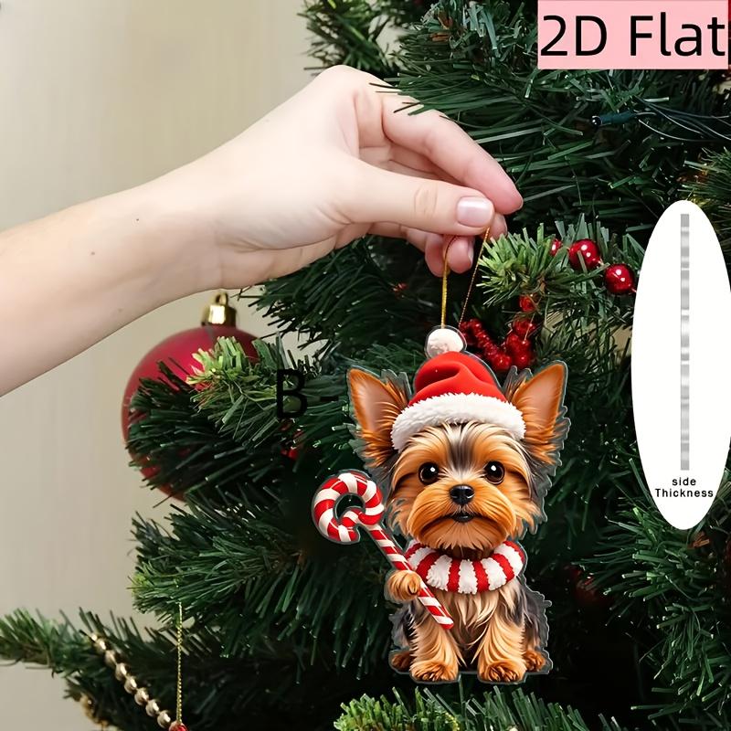 2D Flat, 1pc Yorkshire Terrier Christmas Ornament - Flat Hanging Decoration with Santa Hat & Candy Cane, Brown Puppy, Acrylic Holiday Decor for Tree,
