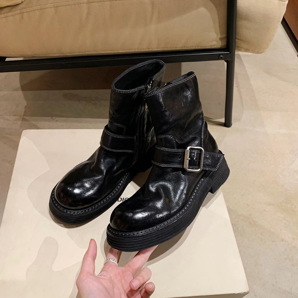 Виноградная мать те же ретро круглый носок толстый каблук ботинки-локомотивы темперамент универсальный ремень с пряжкой боковая молния полусапожки женские осень и зима