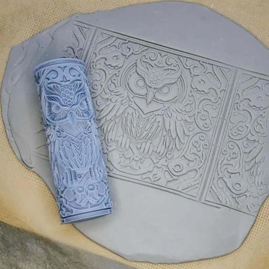 Yousheng Owl Clay Texture Roller Polymer Clay Pattern Modeling Roller Potters DIY Ceramic Slab Clay Tile Textured Rocking Pin Pottery Tools