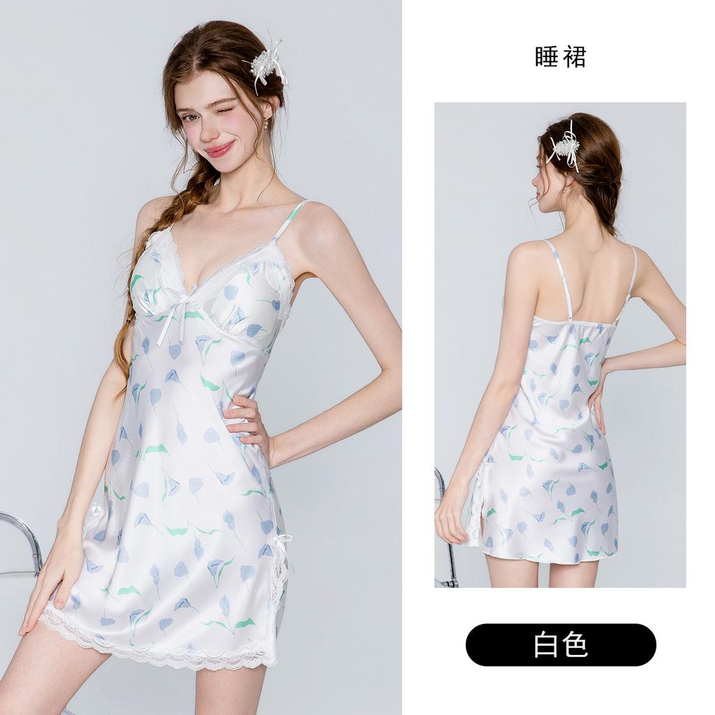 Women's Satin Lace Bow Print Padded Slit Sleep Dress with Robe Lounge Set