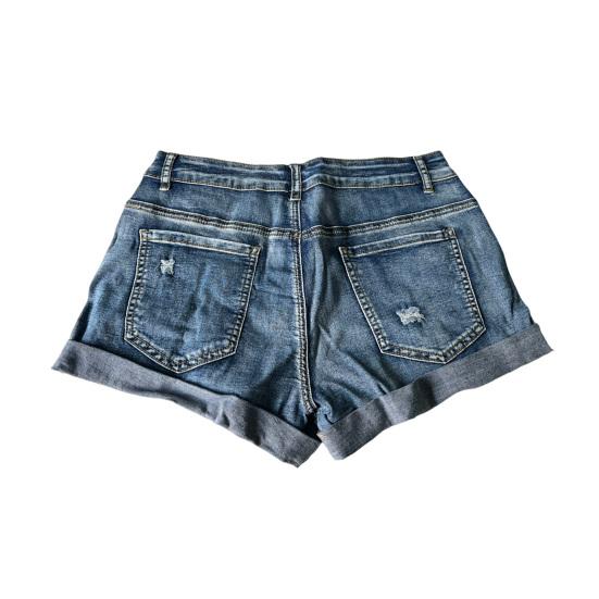 Рваные джинсовые шорты для женщин, средняя талия, подвернутые манжеты, эластичные джинсовые шорты, лето