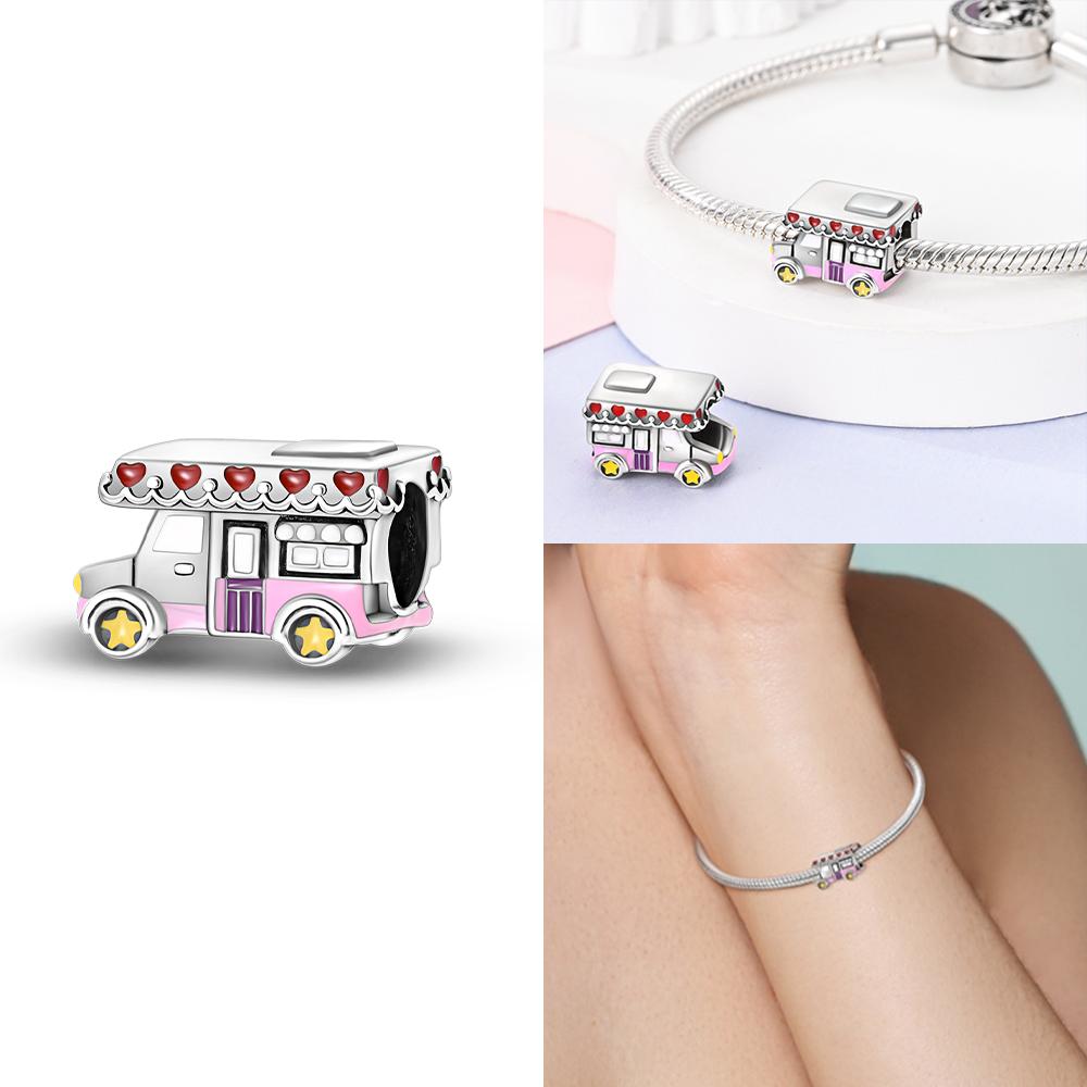 Charms Pink Beads Smart Watch Bike Car Travel Dangle Original Copper Bead Fit Bangle Bracelet Diy Jewelry Woman Fine Gift