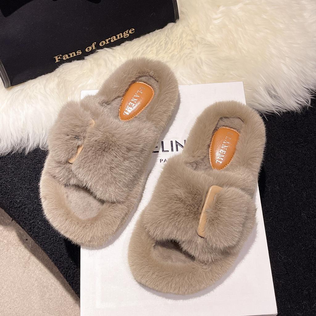 2024 New Casual Buckle One Word Fluffy Slippers Solid Color Home Fashion Outside Wear Cotton Drag