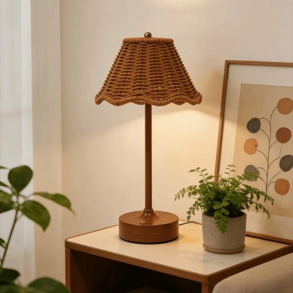 Touch Sensor Rattan Desk Lamp Adjustable Brightness LED Night Light Bedside Light