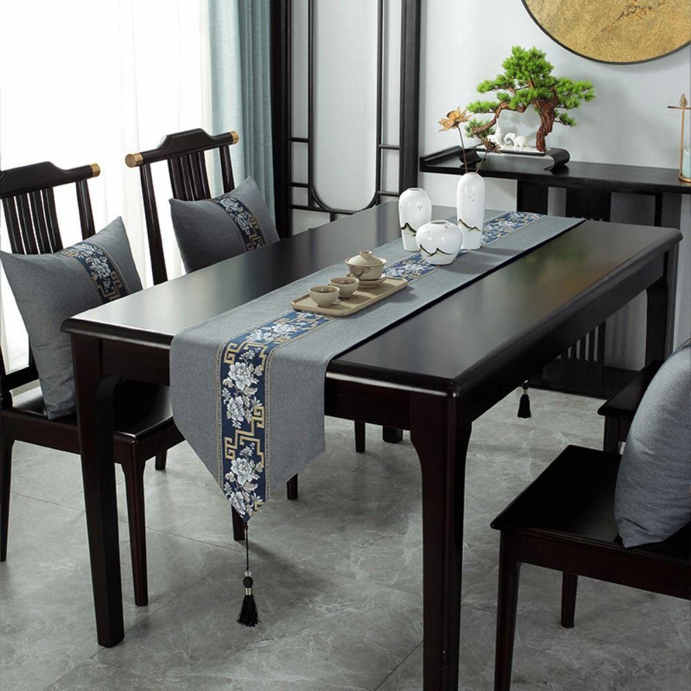 Chinese Style Floral Table Runner Washable Tea Table Cloth Embroidery Bed Flag Hotel Decoration