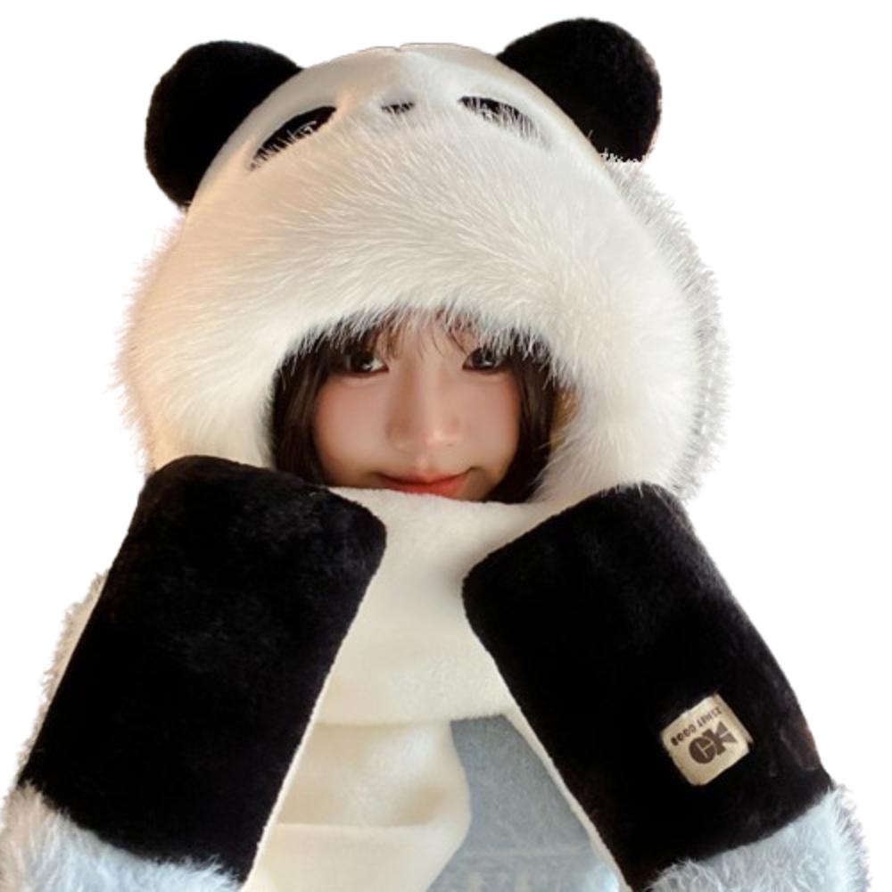 Panda Capybara Hat Scarf Set 3 In 1 Cartoon Plush Hat Earmuff Scarf Hat Glove for Women Lady