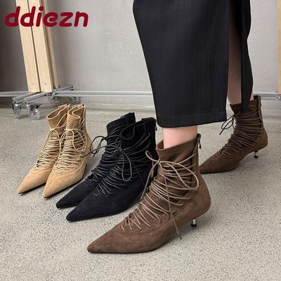 Мода Мода Шнуровка Женские Ботильоны На Низком Каблуке Обувь Острый Носок Обувь Вечеринка Современные Женские Короткие Ботинки Женские Туфли-Лодочки