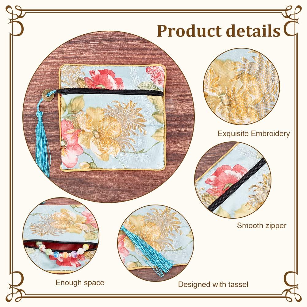 PandaHall 10 цветов, тонкий мешочек для украшений, мини-плоский мешочек, сумка для хранения аксессуаров, китайский стиль с кисточкой, цветочный дизайн, 11,5 см, идеально подходит для