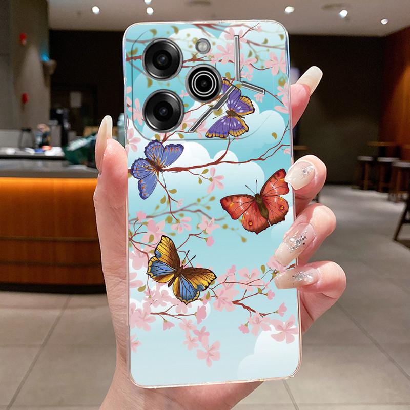 Чехол для телефона Tecno Pova 6 Pro 5G LI9 Чехол Tecno Pova 6 5G LI7 Задняя крышка Роскошный Прозрачный Мягкий ТПУ Чехол с бабочками и цветами