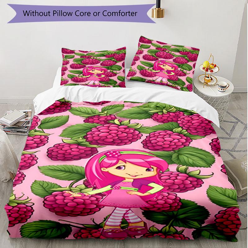 3pcs Duvet Cover Set (1*Duvet Cover + 2*Pillowcase, Without Core), Strawberry Shortcake Print Soft All‑Season Bedding Set, Home Bedroom Decor Gift