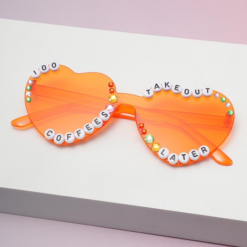 Letter peach heart frameless sunglasses adult integrated diamond-encrusted glasses jelly love sunglasses