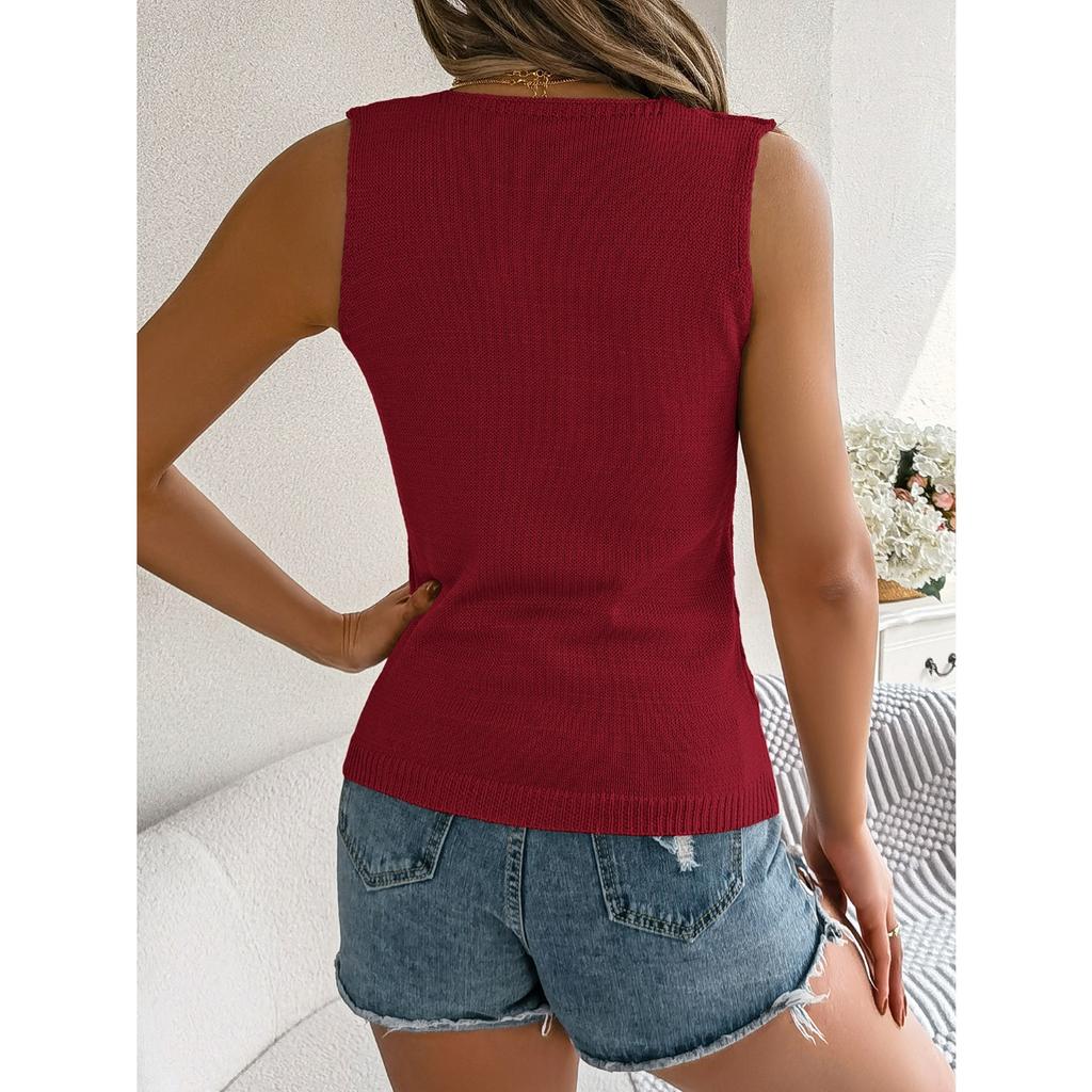 HNXC Summer Solid Color Button V-neck Cuffed Sleeveless Top Vacation Knitted Sweater Women's Wear