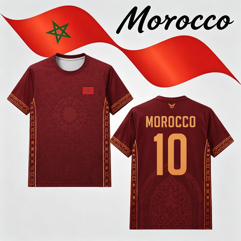 Morocco Flag Print Football Jersey 2026 New Men's Breathable Short Sleeve Top Men's And Women's Sport Football Training Uniform