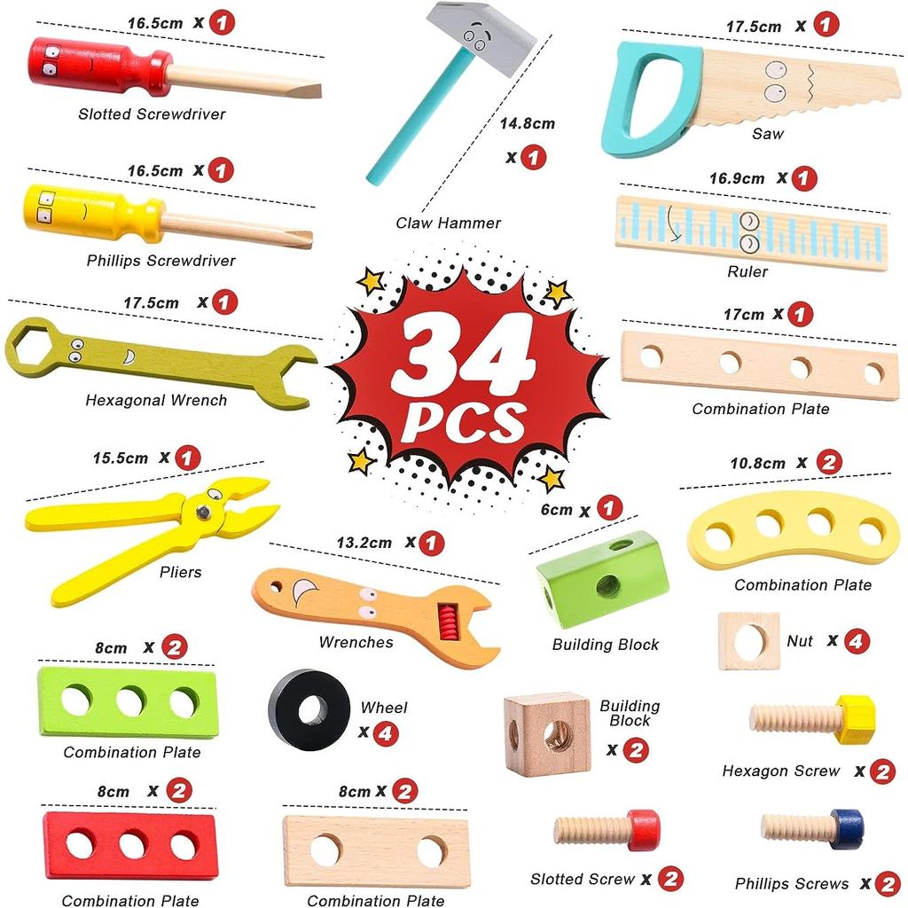 Children's Wooden Toy Tool Box Montessori Toy Educational Games Tool Box Children Children's Toy From Gift Girls Boys 2 3 4 5 6 Years 34 Pieces