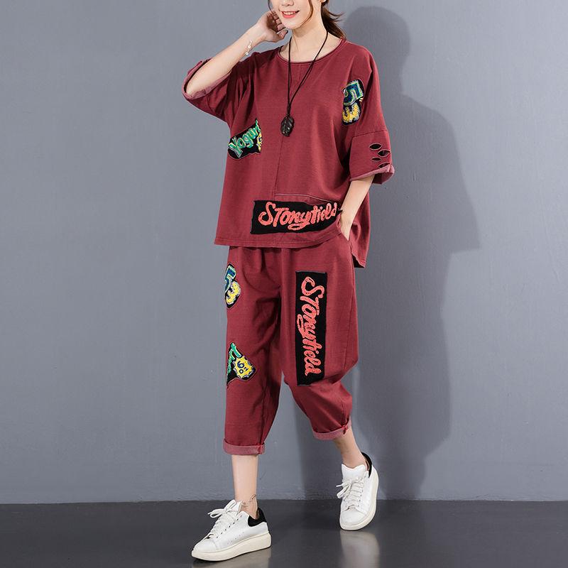 Loose Short Sleeve Women's T-Shirt and Seven-Foot Pants Casual Fashion Two-Piece Set with Patchwork Summer