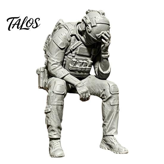 Talos 3D Printed Soldier Figurine Ornament, Sitting Tactical Statue, Funny Tired Sculpture for Table Shelf Edge Decor