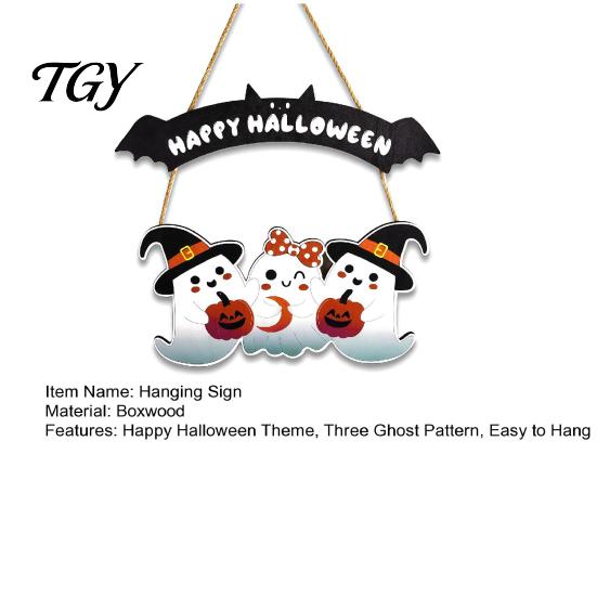 Festive Party Props Happy Halloween Ghost Door Sign, Wooden Three Wall Plaque Hanger, Front Hanging Supplies Decorative Sign