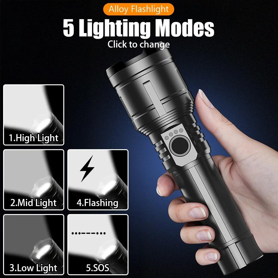 Super Bright Flashlight with Flame Ignition Type-C Rechargeable Outdoor Zoomable Aluminum Alloy Floodlight Camping Adventure