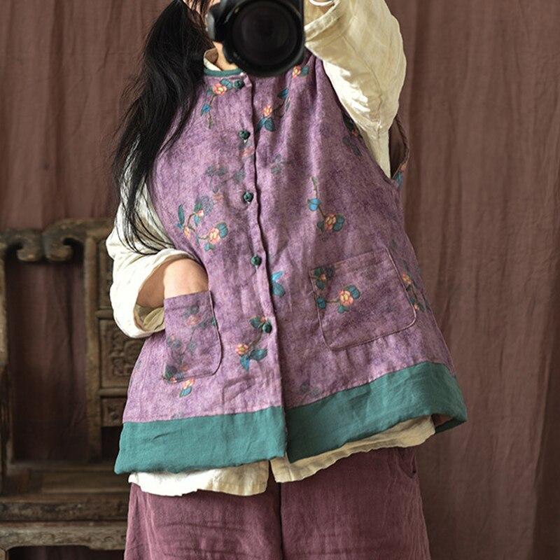 Johnature женские винтажные осенние жилеты на пуговицах льняные пальто без рукавов с цветочным принтом теплые женские жилеты с карманами