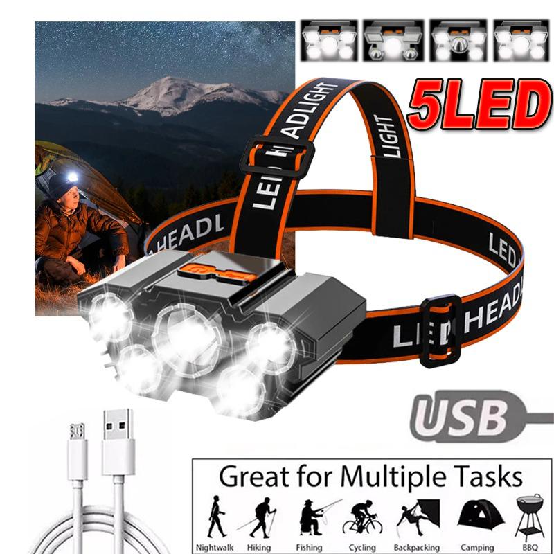 Светодиодный налобный фонарь с USB-подзарядкой, 5 светодиодов, 4 режима, встроенный перезаряжаемый литиевый аккумулятор, легкий налобный фонарь, эластичный головной ремень