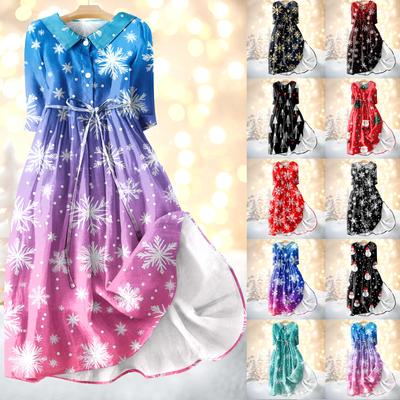 Женское модное платье с рождественским принтом, застегивающееся на пуговицы, с манжетами длиной семь четвертей и бретельками