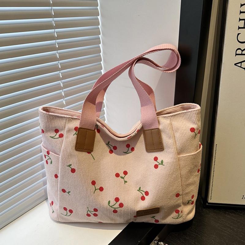 Вельветовая сумка-тоут Милая сумка с нашивкой в виде вишни для женщин Тканевая сумка-тоут большой вместимости Сумка на плечо Повседневные сумки под мышкой CLE