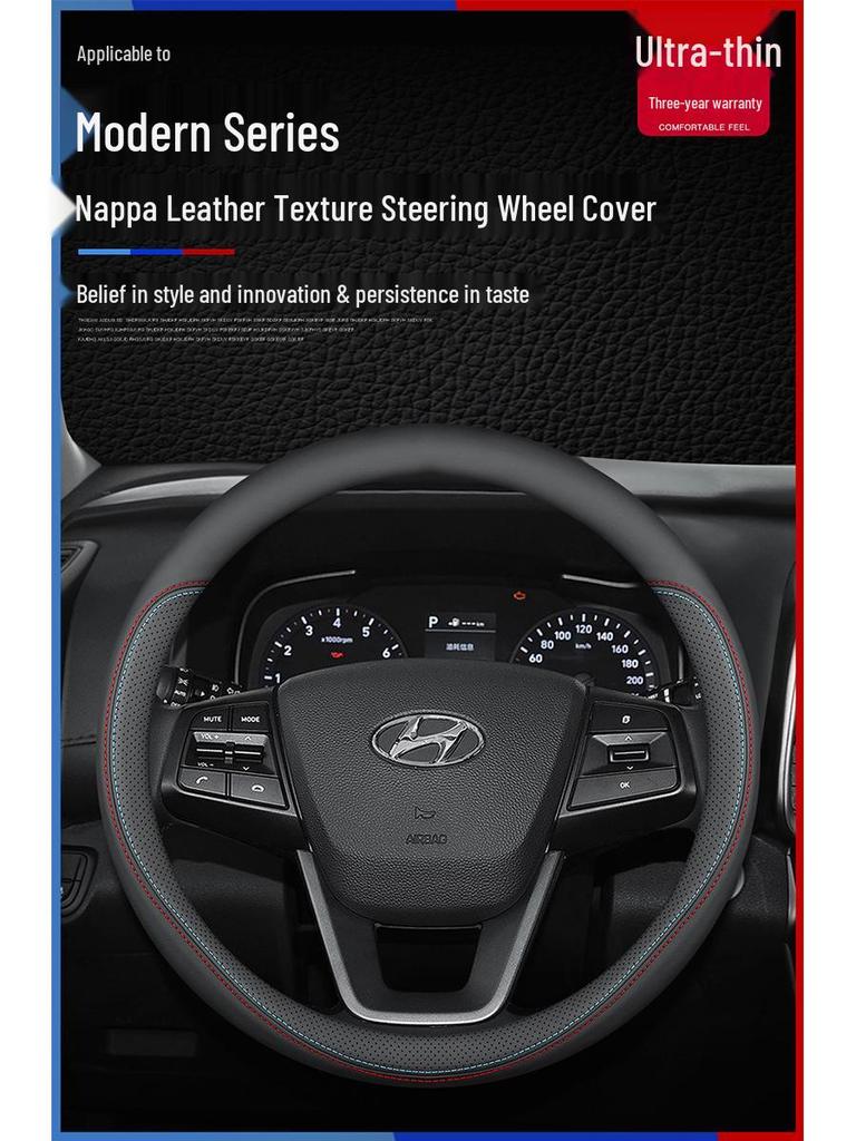 Genuine Leather Steering Wheel Cover for Hyundai: Elantra, Sonata, Santa Fe, ix35, Tucson, Feista, Mingtu - Ultra-thin Design.