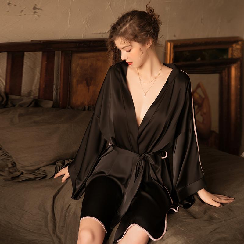 Халат для женщин осенний атласный сексуальный с V-образным вырезом и высоким разрезом на шнуровке сексуальная пижама женский халат повседневная женская домашняя одежда