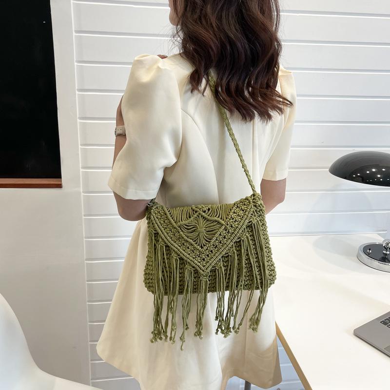 Fashion Cotton Woven Hollow Shoulder Crossbdoy Bags Female Summer Beach Bag Travel Small Tassel Handbag