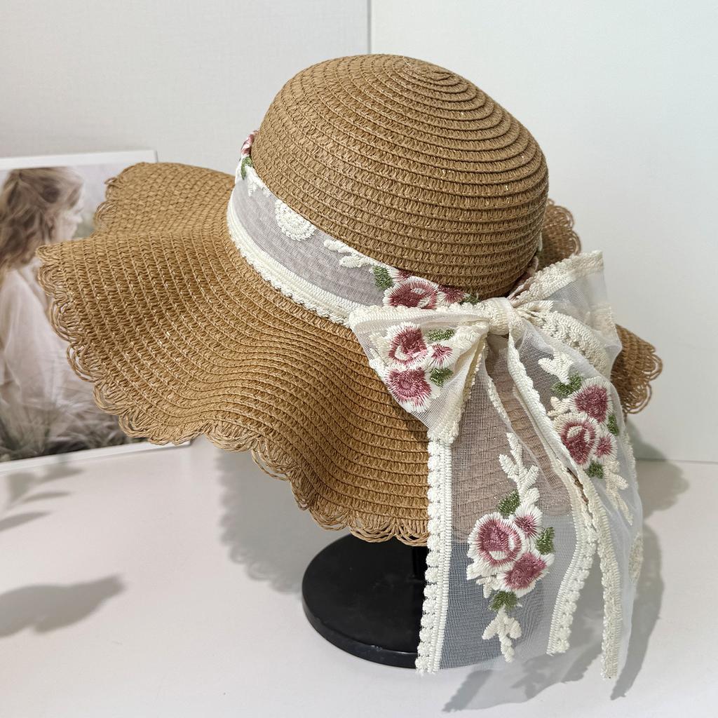 Летняя новая соломенная шляпа с широкими полями и вышивкой в виде банта, женская пляжная шляпа, закрывающая лицо от солнца, солнцезащитная шляпа, соломенная шляпа от солнца
