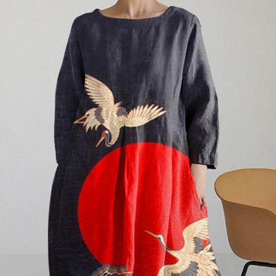 Женское платье трапециевидной формы с цветочным принтом, большим подолом, длинными рукавами, свободный круглый вырез и боковые карманы, плиссированное повседневное платье макси до щиколотки