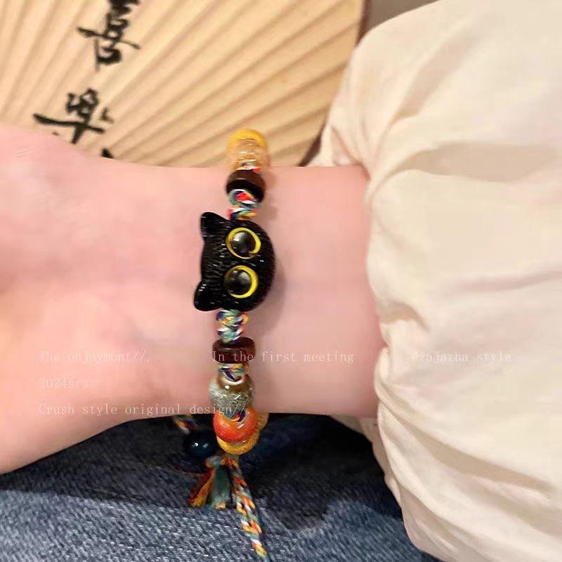 Браслет из плетеной веревки с витражным котом, нишевый браслет в ретро-стиле, высокого класса, персонализированный, украшение для студентов и пар