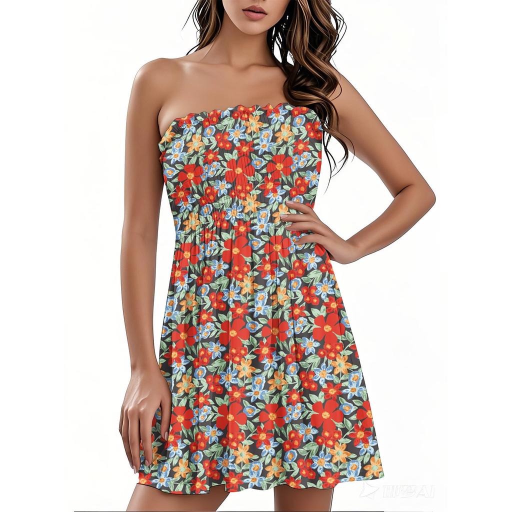 Модное женское повседневное платье-бандо с цветочным принтом без рукавов