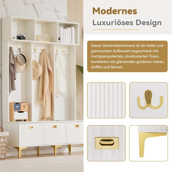 Wardrobe Closet Set with Bench Multifunctional Storage Open Storage 6 Cabinet Golden Hooks And Feet Suitable for Hallway Living Room White Tall