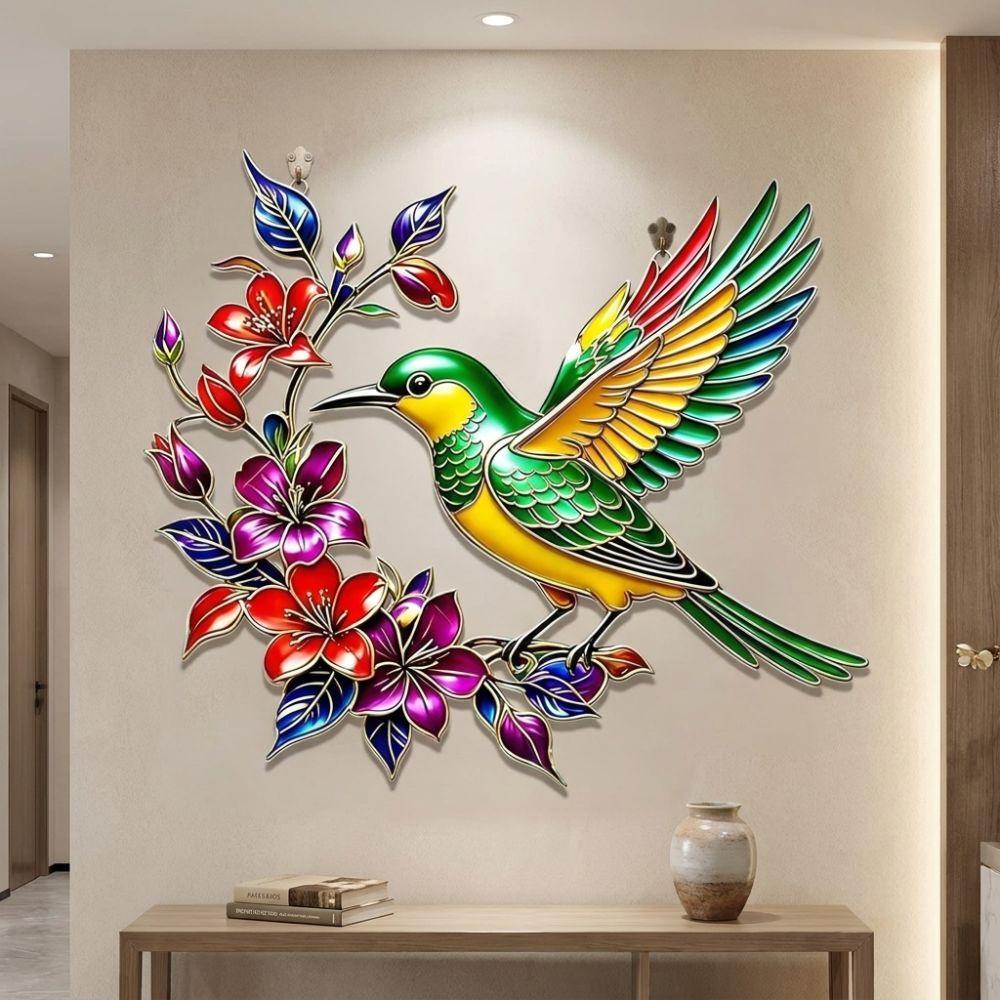 Hand Painted Iron Art Bird Wall Hanging Colorful Flower Colorful Birds Sculpture Balcony Patio