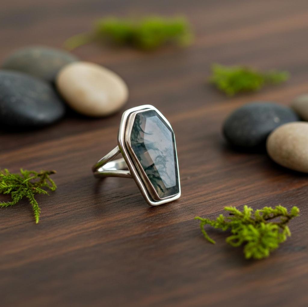 Кольцо в виде гроба, Кольцо с моховым агатом, Кольцо из чистого серебра 925 пробы, Ювелирные изделия ручной работы, Кольцо в стиле бохо, Кольцо с зеленым драгоценным камнем, Заявление, Кольцо Обещания