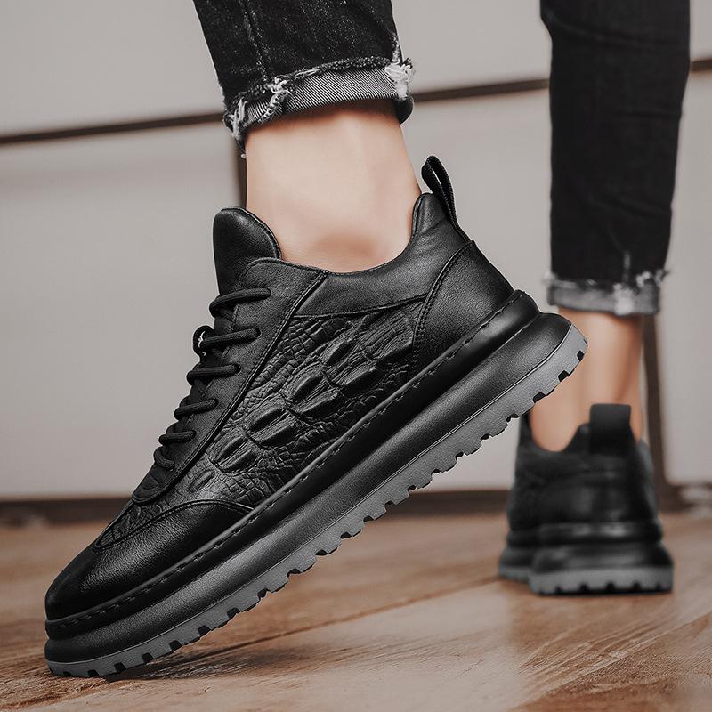 Fashion Men Faux Cowhide Crocodile Print Sneakers Casual Leather Shoes Men's Versatile Thick Soled Wear Resistant Shoes Men's Work Shoes