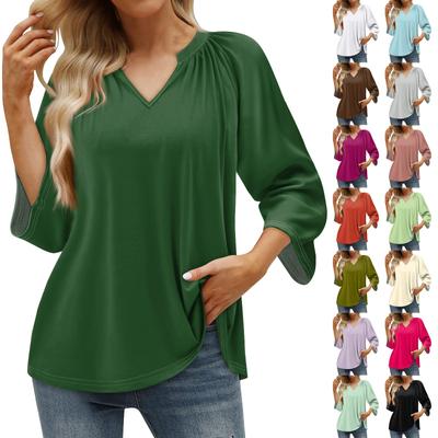 Женская летняя повседневная футболка с рукавом 3/4, однотонный пуловер с v-образным вырезом, топ