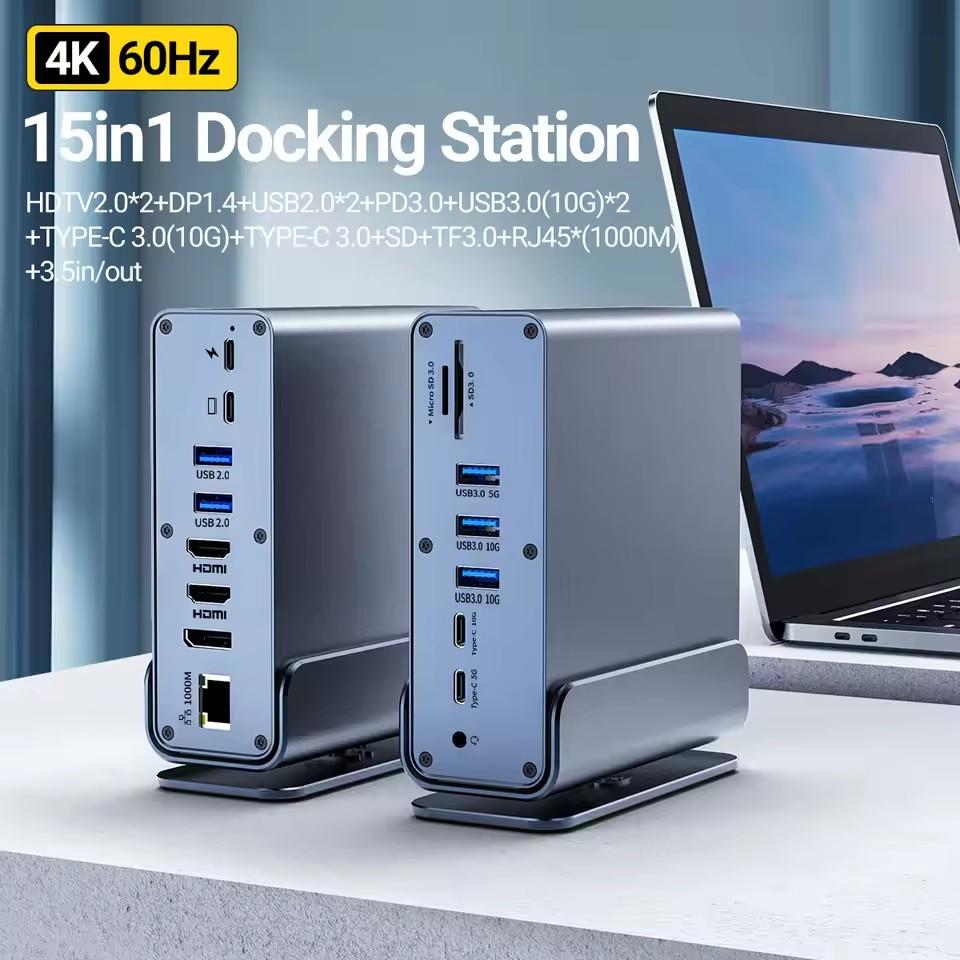 USB-C Хаб-Док-станция 15-в-1, Многопортовый Type-C Thunderbolt с USB 3.0, HDMI, PD 100 Вт, RJ45, SD/TF, Аудио 3.5 для Macbook Ноутбука