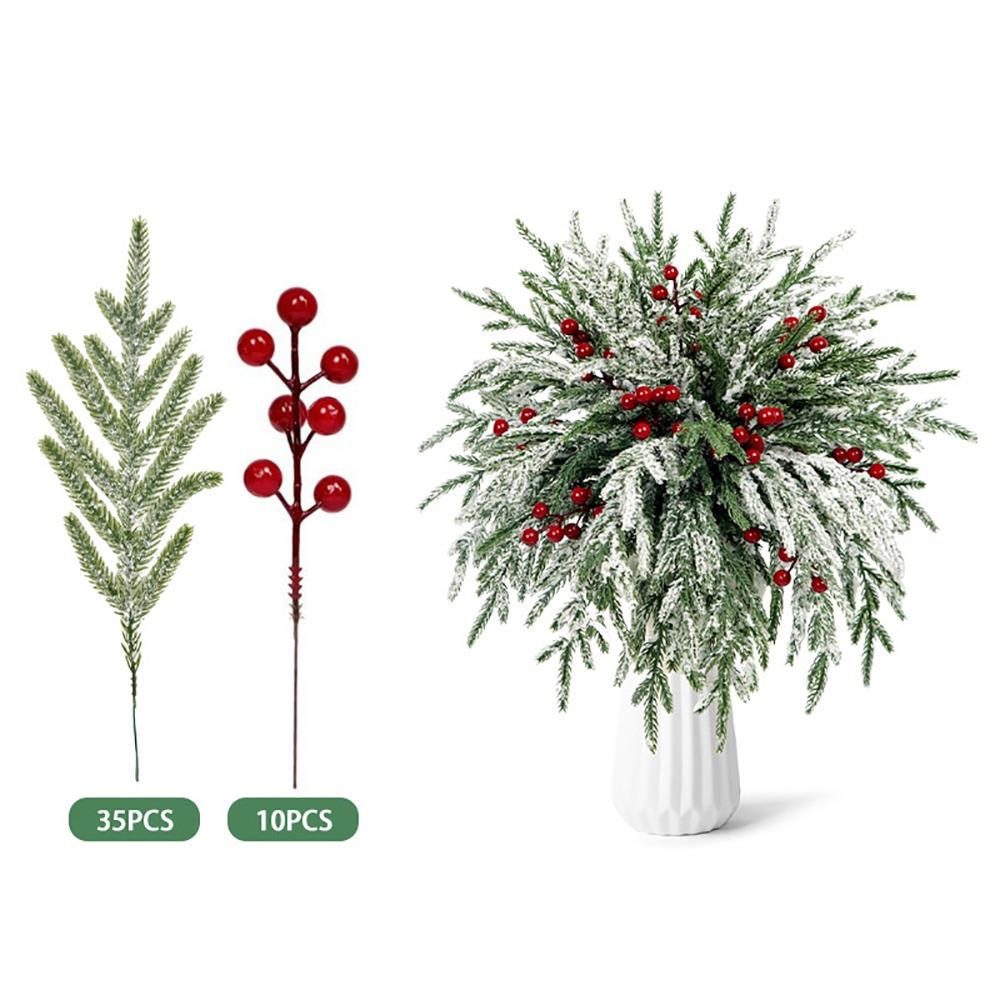 Red Berries Christmas Artificial Pine Branches Plastic Greenery Leaves Fake Cedar Pine Accessories DIY Faux Pine