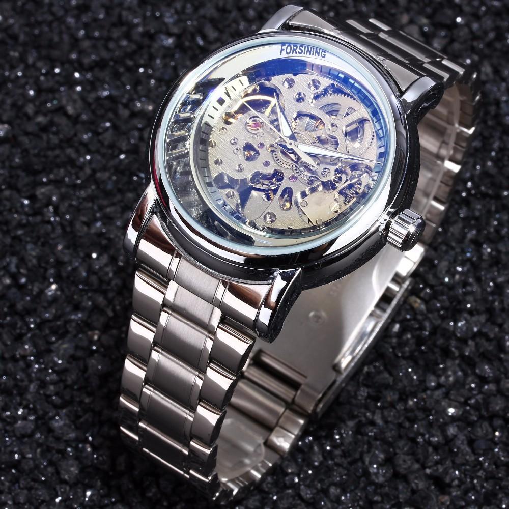 Forsining Механические часы Мужская мода Повседневная стальная полоса Ажурные автоматические механические часы