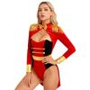 Womens Circus Ringmaster Halloween Cosplay Bodysuit Fringe Epaulette Bow Long Sleeve Velvet Jumpsuit