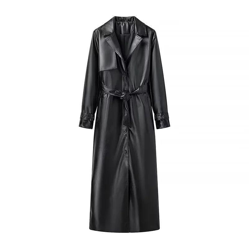 Womens Winter Streetwear Vintage PU Leather Jacket Slim Fit With Belt Detail