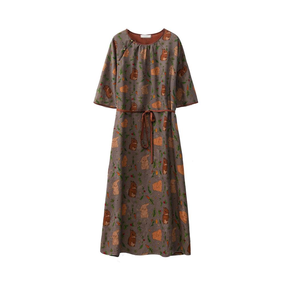 Xiangyunsha National Style Jacquard Dress: Mulberry Silk Red Cloud Gauze with Tie Waist.
