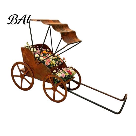 Outdoor Decorative Accents Rustic Rickshaw Garden Ornament, Metal Yard Sculpture, Weatherproof Gifts for Family Retro Decoration Lawn Patio
