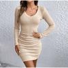 Women's Dresses Autumn Fitting Slim Plain Long Sleeve V-Neck Bodysuit Mini Casual Dresses Sexy Dress for Women