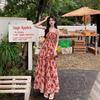 2025 Summer Vintage Rose Floral French Maxi Dress with Spaghetti Straps and Waist-Hugging Design