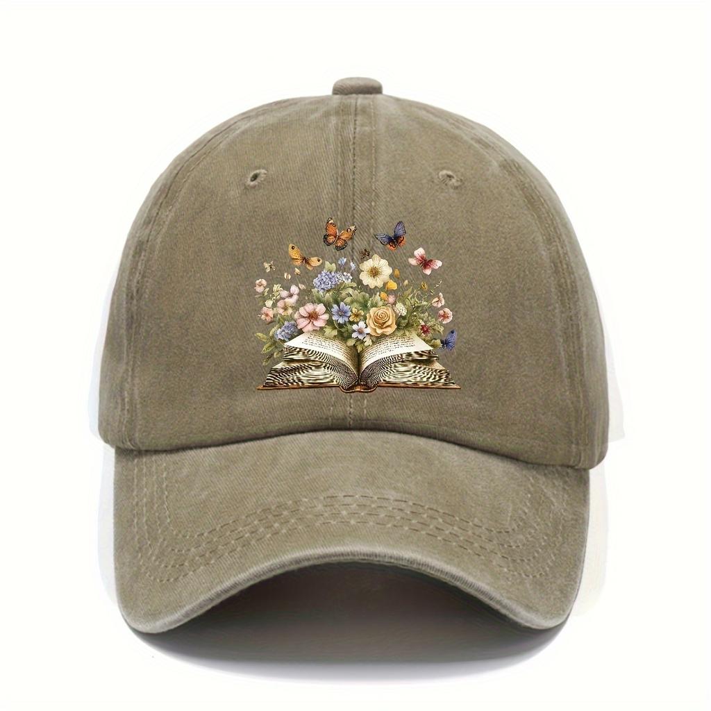 Floral Butterfly Open Book Baseball Cap Vintage Washed Adult Casual Adjustable Snapback Hat Unisex