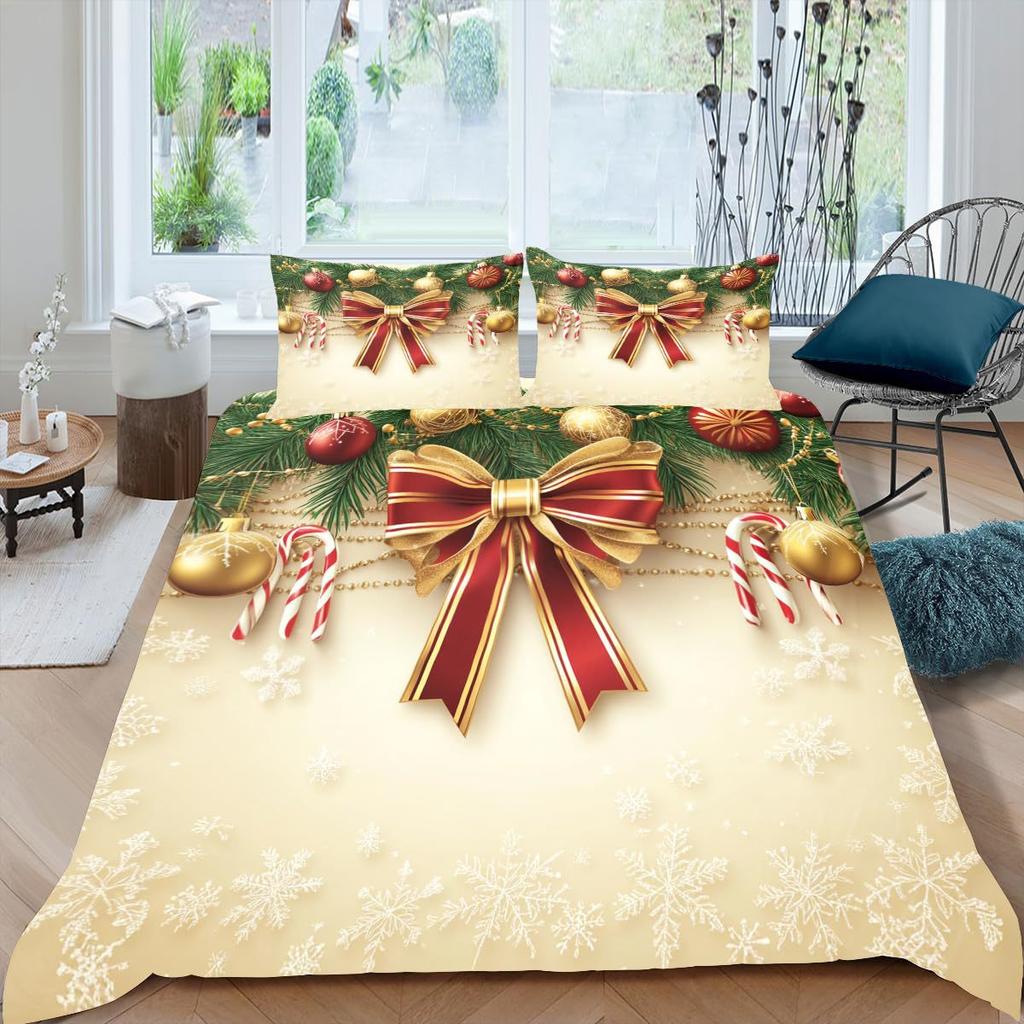 Christmas Element Bow Bell Three-Piece Quilt Cover 3D Digital Printing Bedding Set Bed Cover